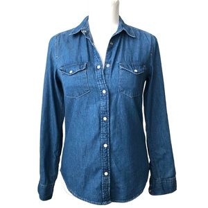H&M Blue Denim Chambray Western White Snap Front Button Down Shirt Size 6